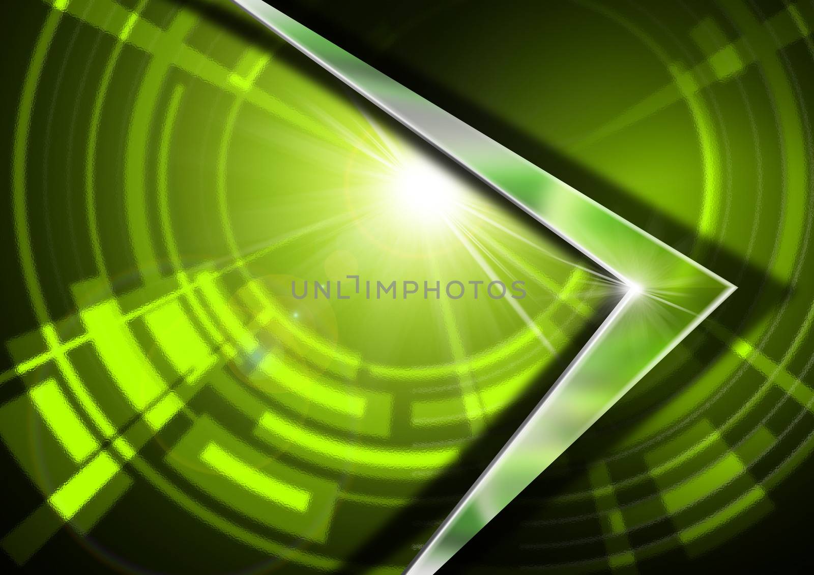 Abstract background in green glass with geometric shapes and metal arrow with reflections