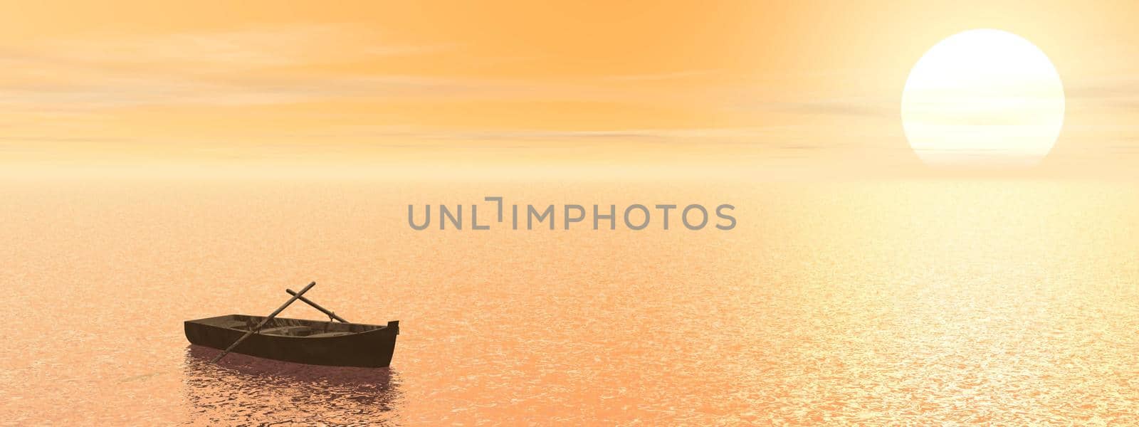 Old brown wood boat with two paddles staying on the quiet water by sunset