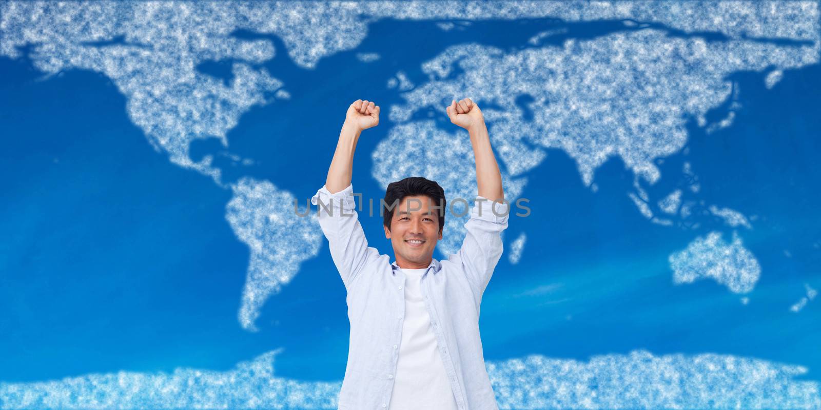 Composite image of cheering male with arms up 