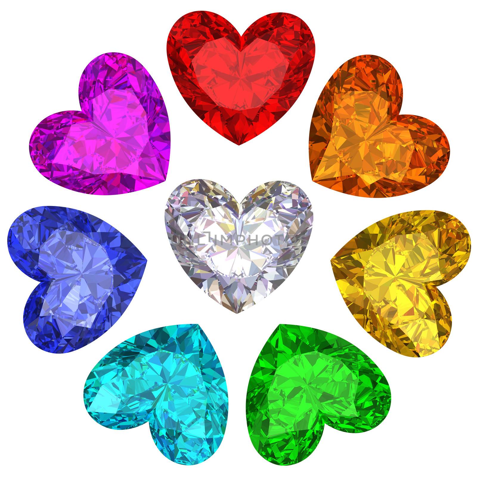 Colorful gems in shape of heart isolated on white background. High resolution 3D render