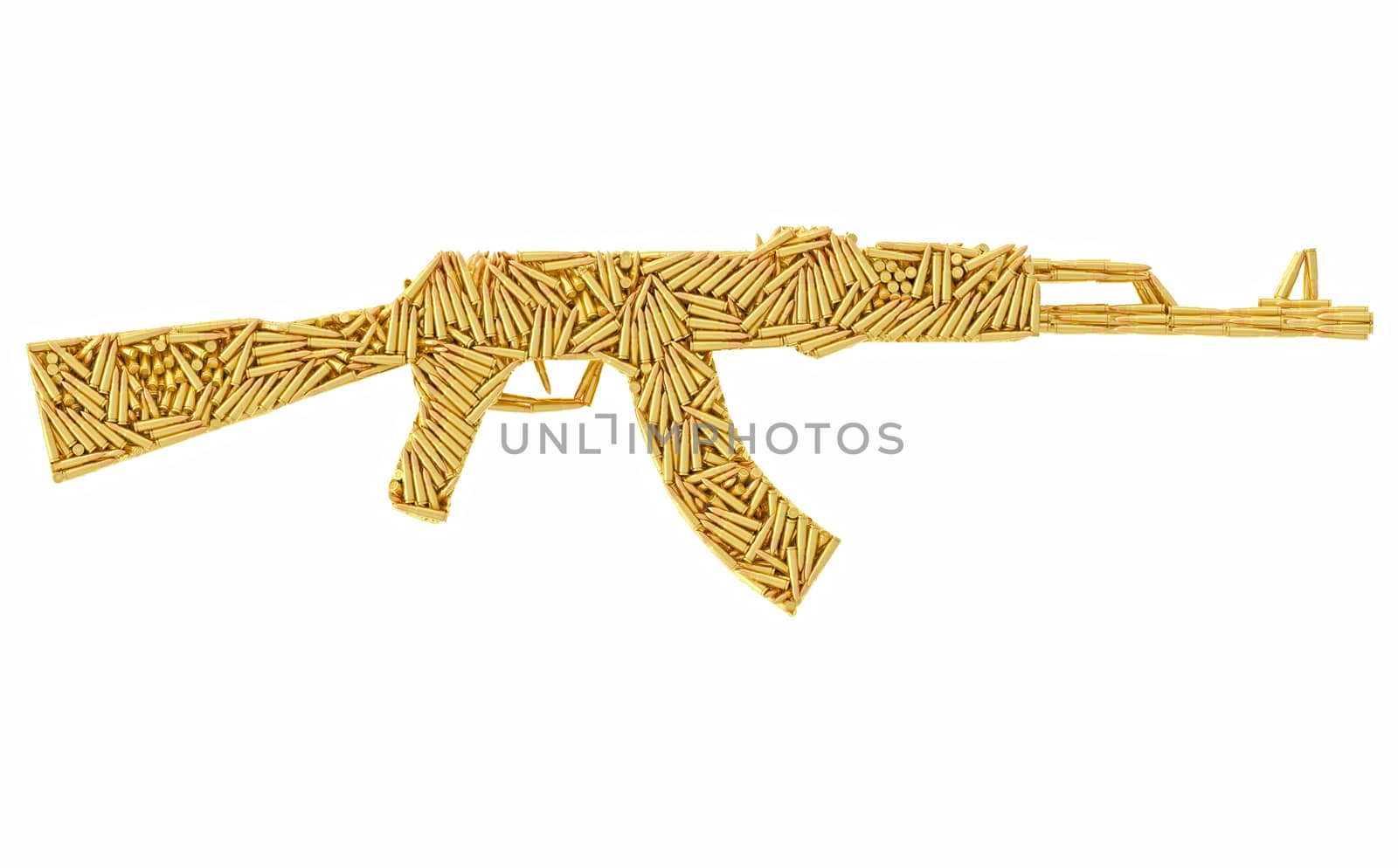 Assault rifle shape composed of ammunition cartridges isolated on white. High resolution 3D image
