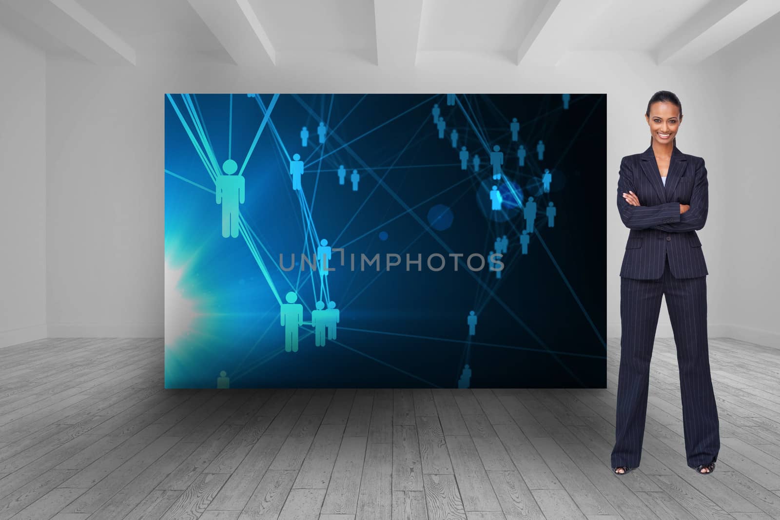Composite image of isolated confident businesswoman smiling at the camera agaisnt white