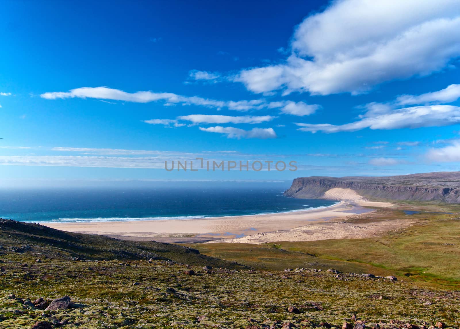 Iceland summer landscape. Fjord and mountains. Panorama.