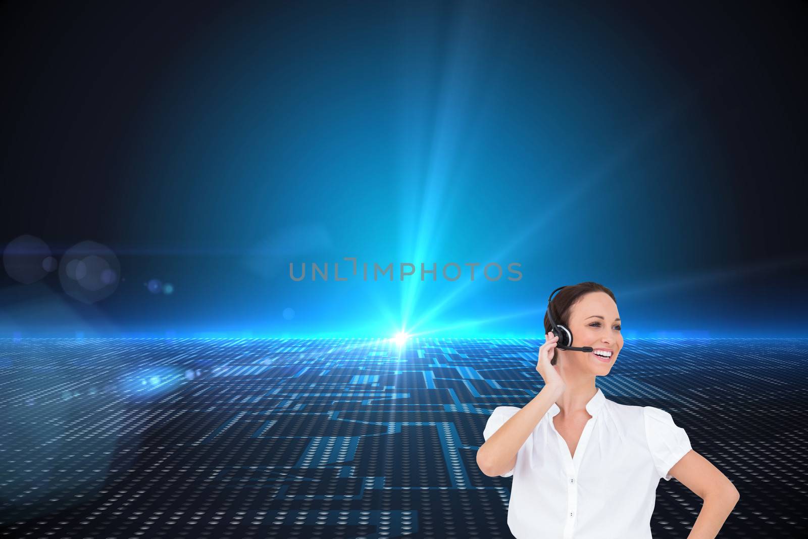 Composite image of cheerful smart call center agent working while posing