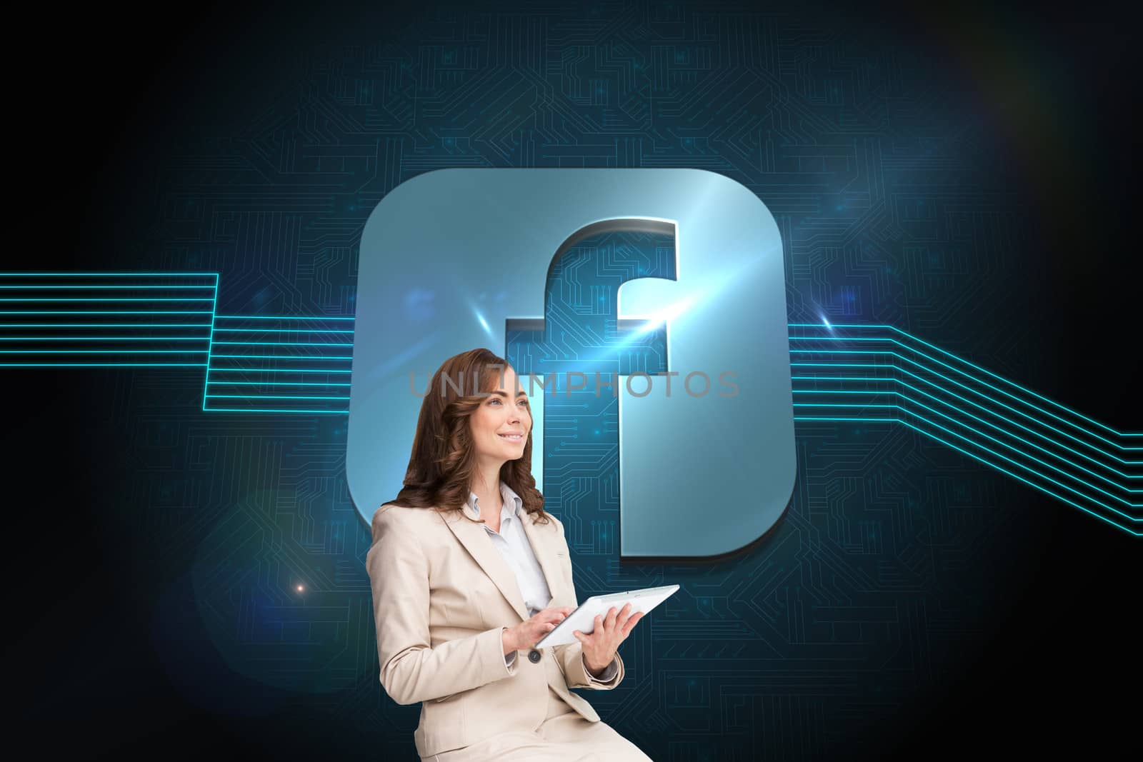 Composite image of businesswoman holding tablet and looking up by Wavebreakmedia