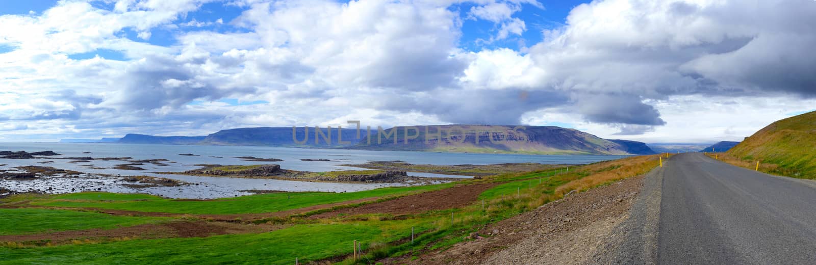 Iceland summer landscape. Fjord and mountains. Panorama.