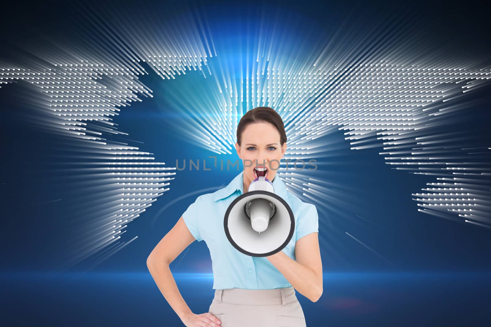 Composite image of furious classy businesswoman talking in megaphone while posing