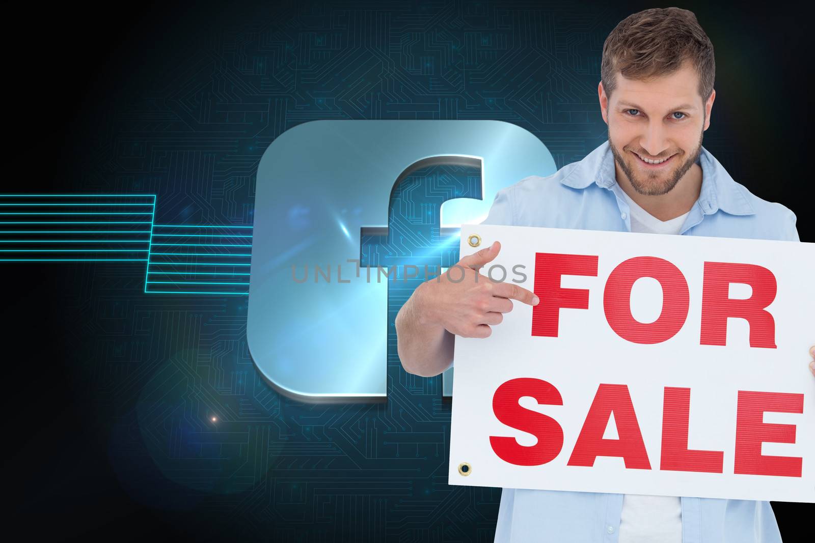 Composite image of smiling model holding a for sale sign by Wavebreakmedia