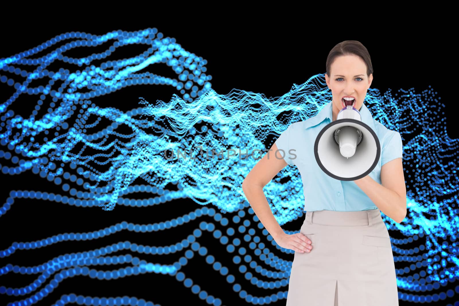 Composite image of furious classy businesswoman talking in megaphone by Wavebreakmedia