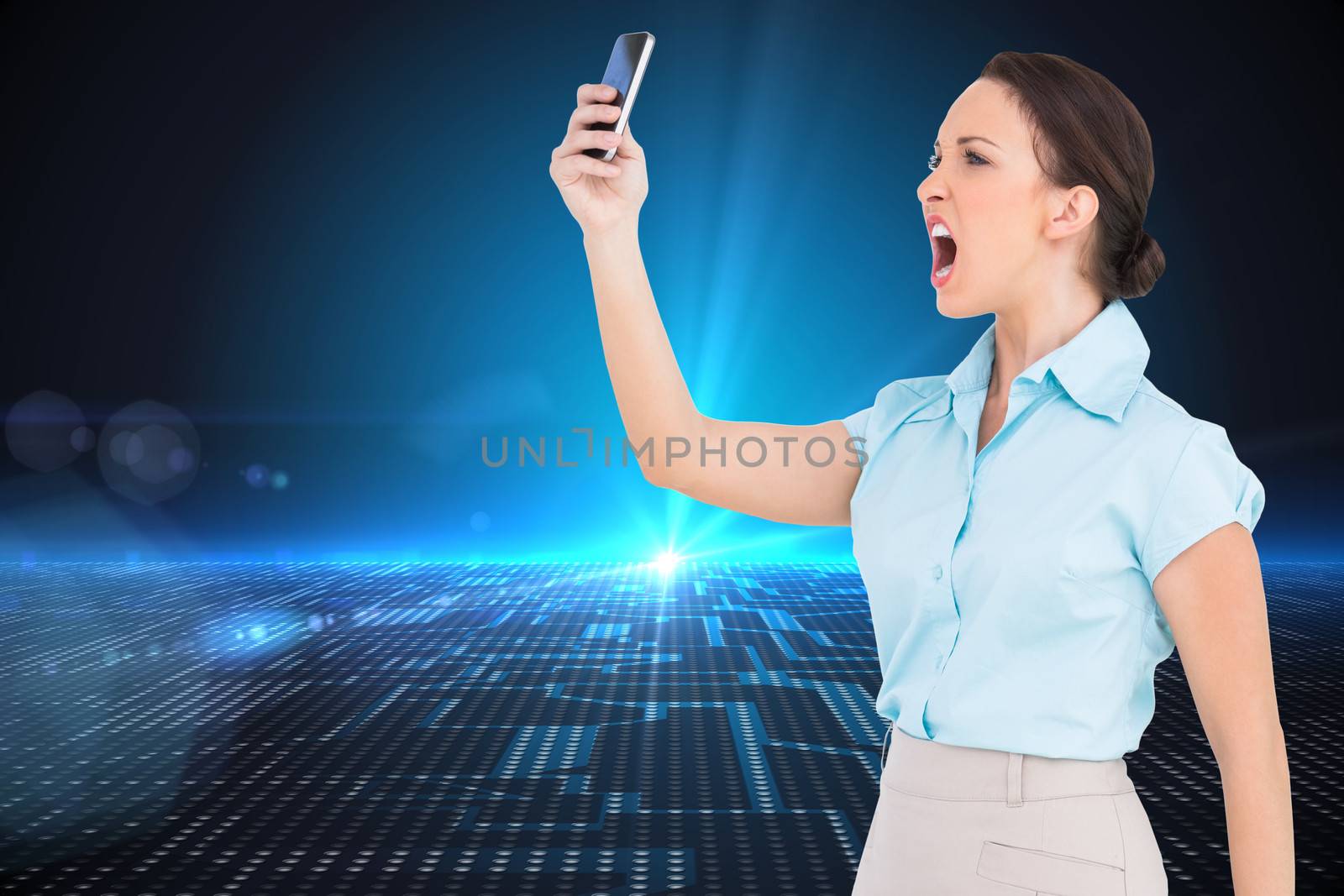 Composite image of angry classy businesswoman yelling at her smartphone by Wavebreakmedia