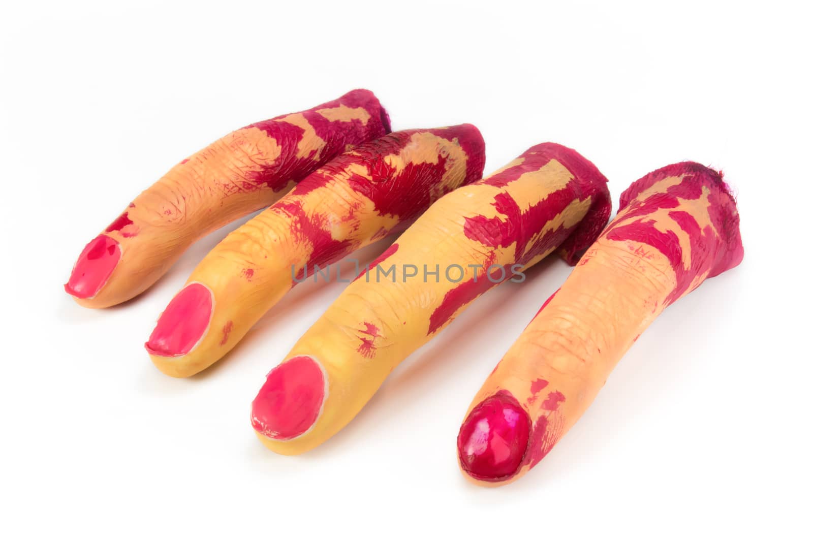 Fake 4 fingers are cut include blood on white background. Fingers for Halloween Season.