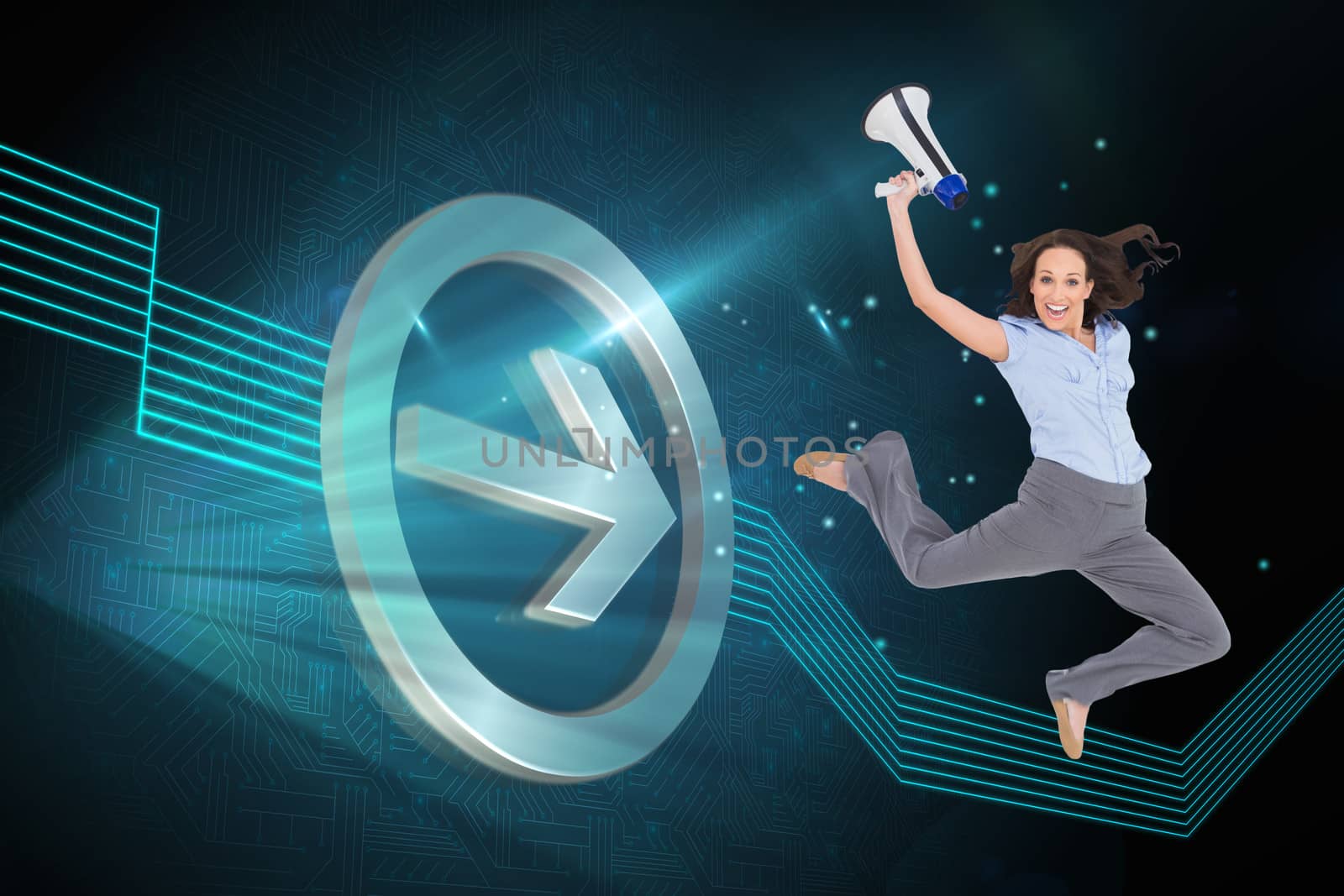 Composite image of cheerful classy businesswoman jumping while holding megaphone by Wavebreakmedia