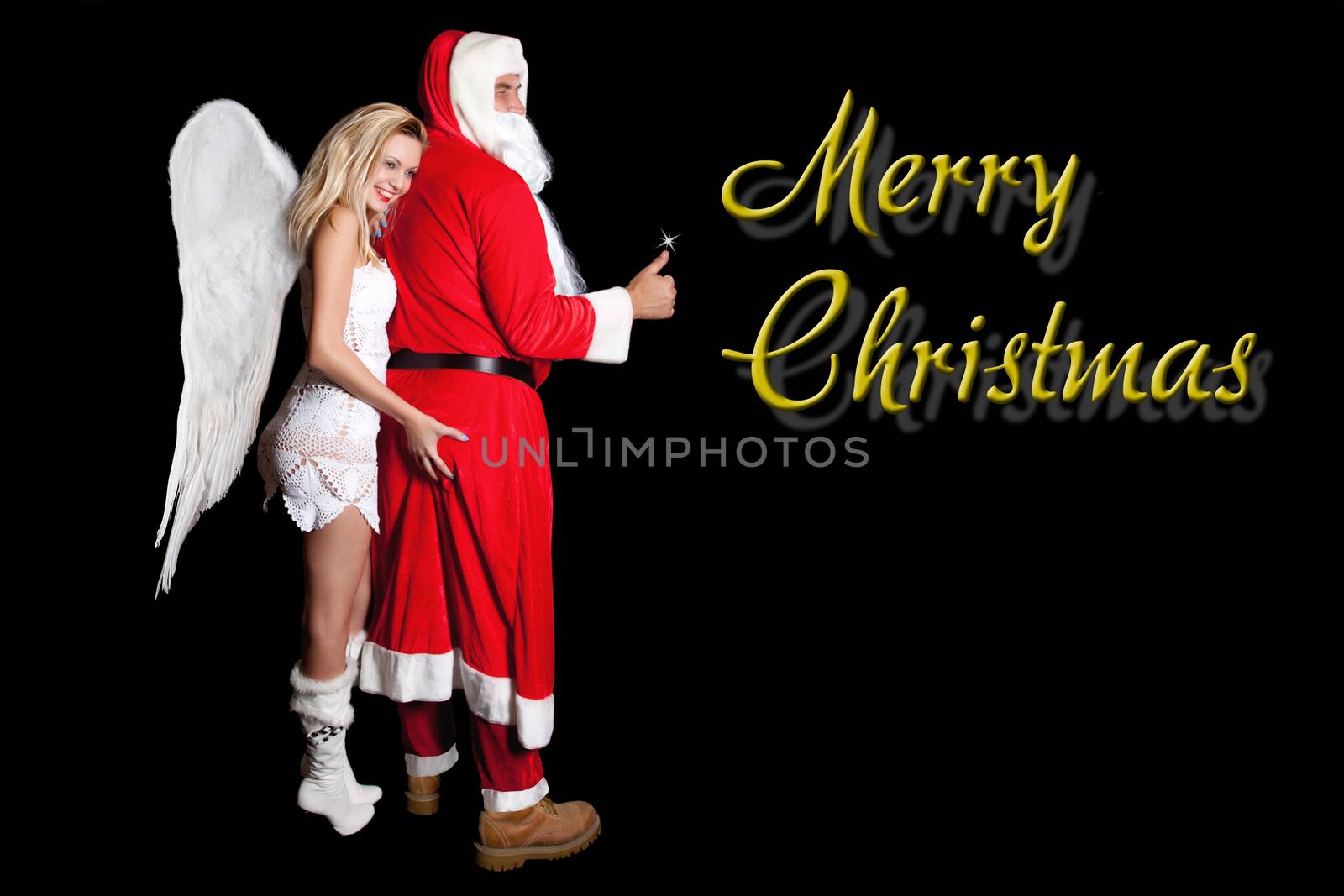Female angel with large wings, holding hand man, Santa Claus on his ass, with inscription Merry Christmas