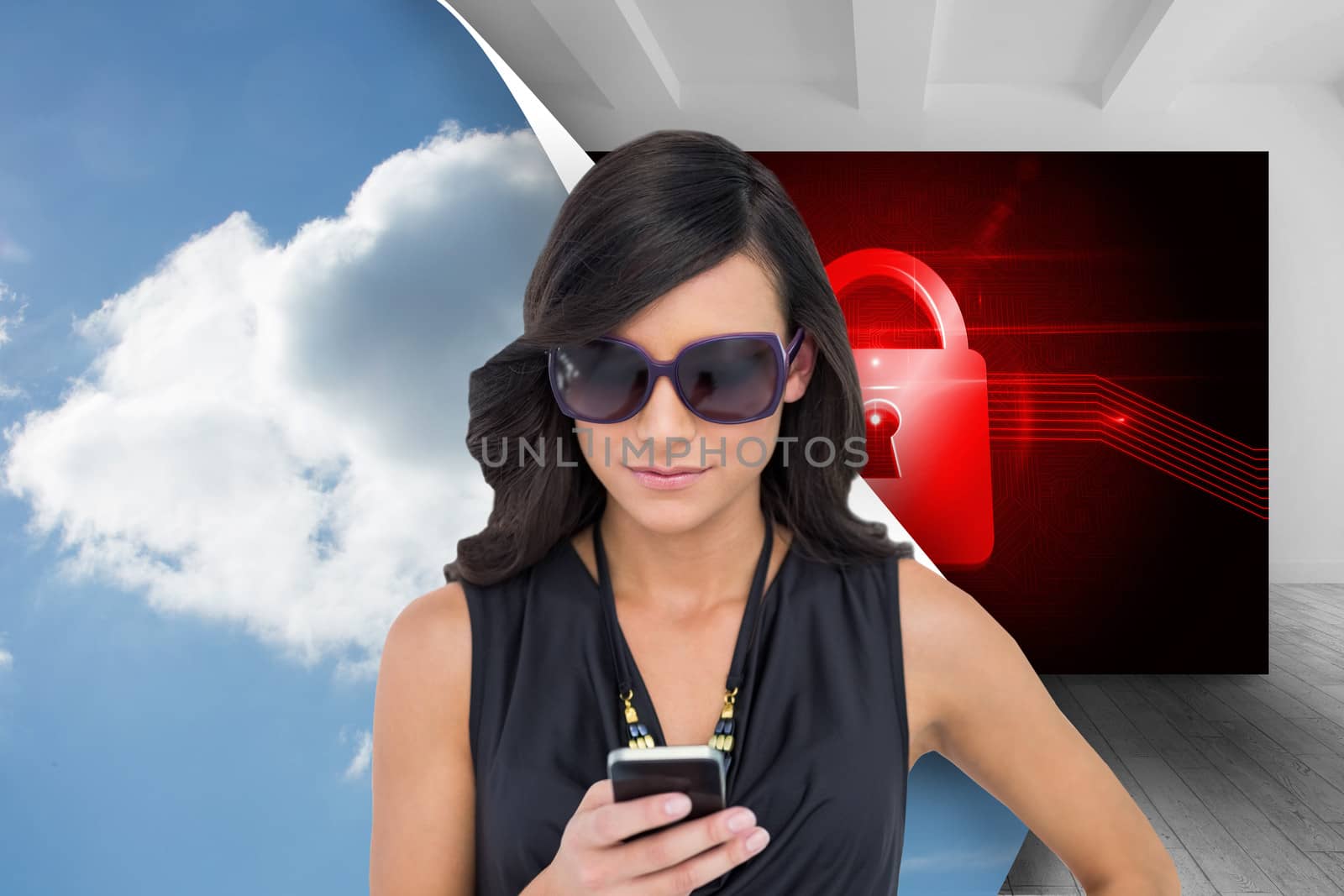 Composite image of happy attractive brunette using smartphone