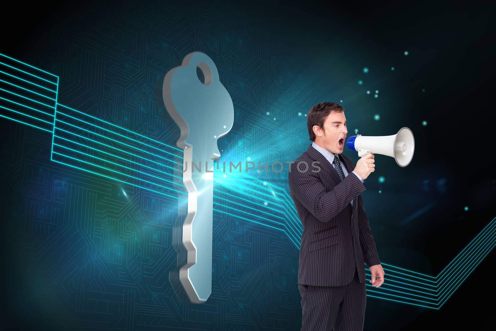 Composite image of standing businessman shouting through a megaphone by Wavebreakmedia