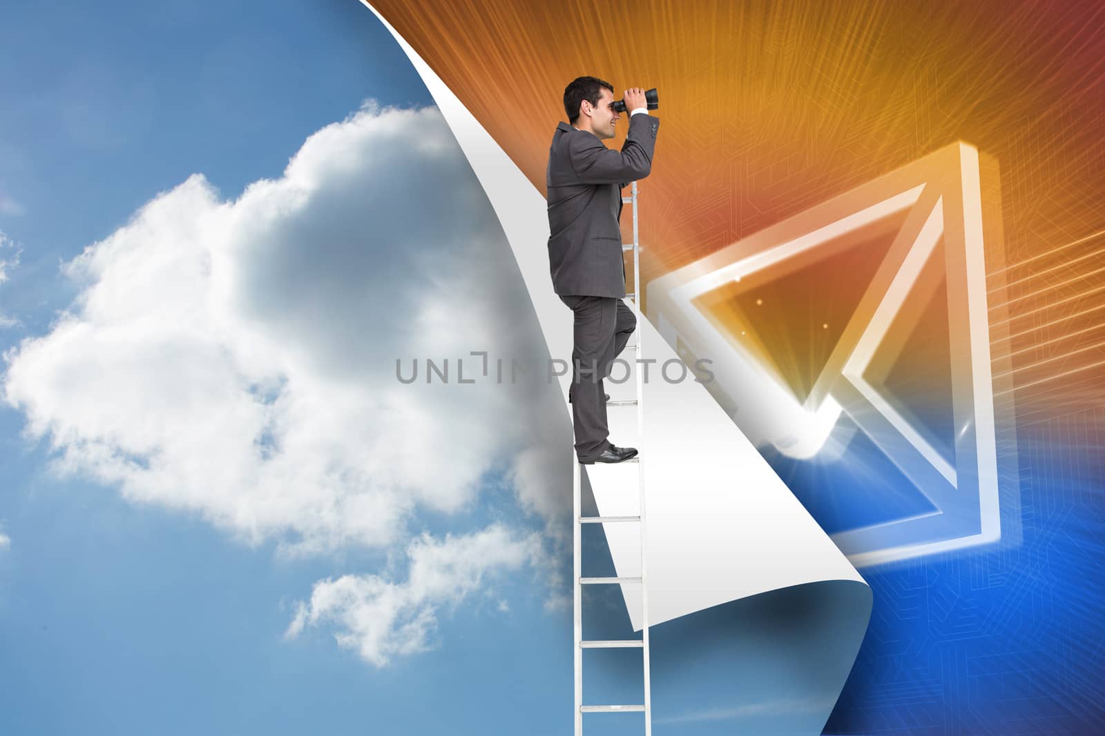 Composite image of businessman standing on ladder using binoculars by Wavebreakmedia