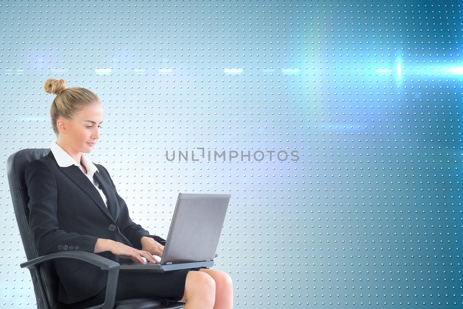 Composite image of blonde businesswoman sitting on swivel chair with laptop