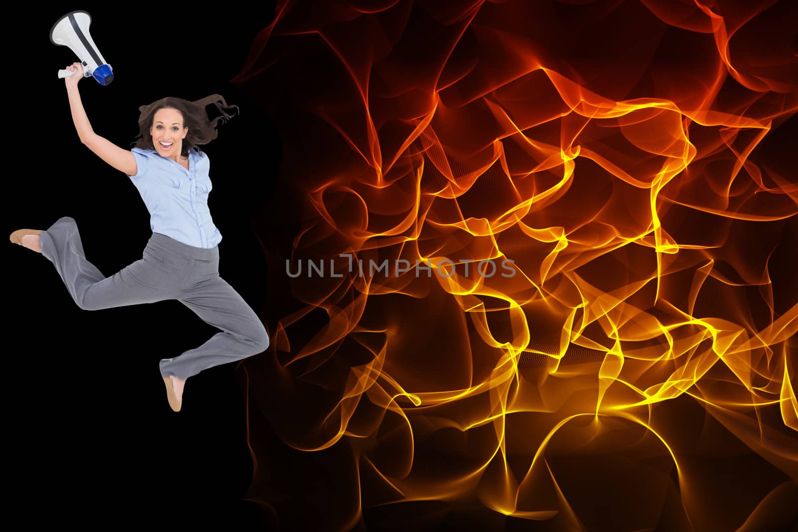 Composite image of cheerful classy businesswoman jumping while holding megaphone