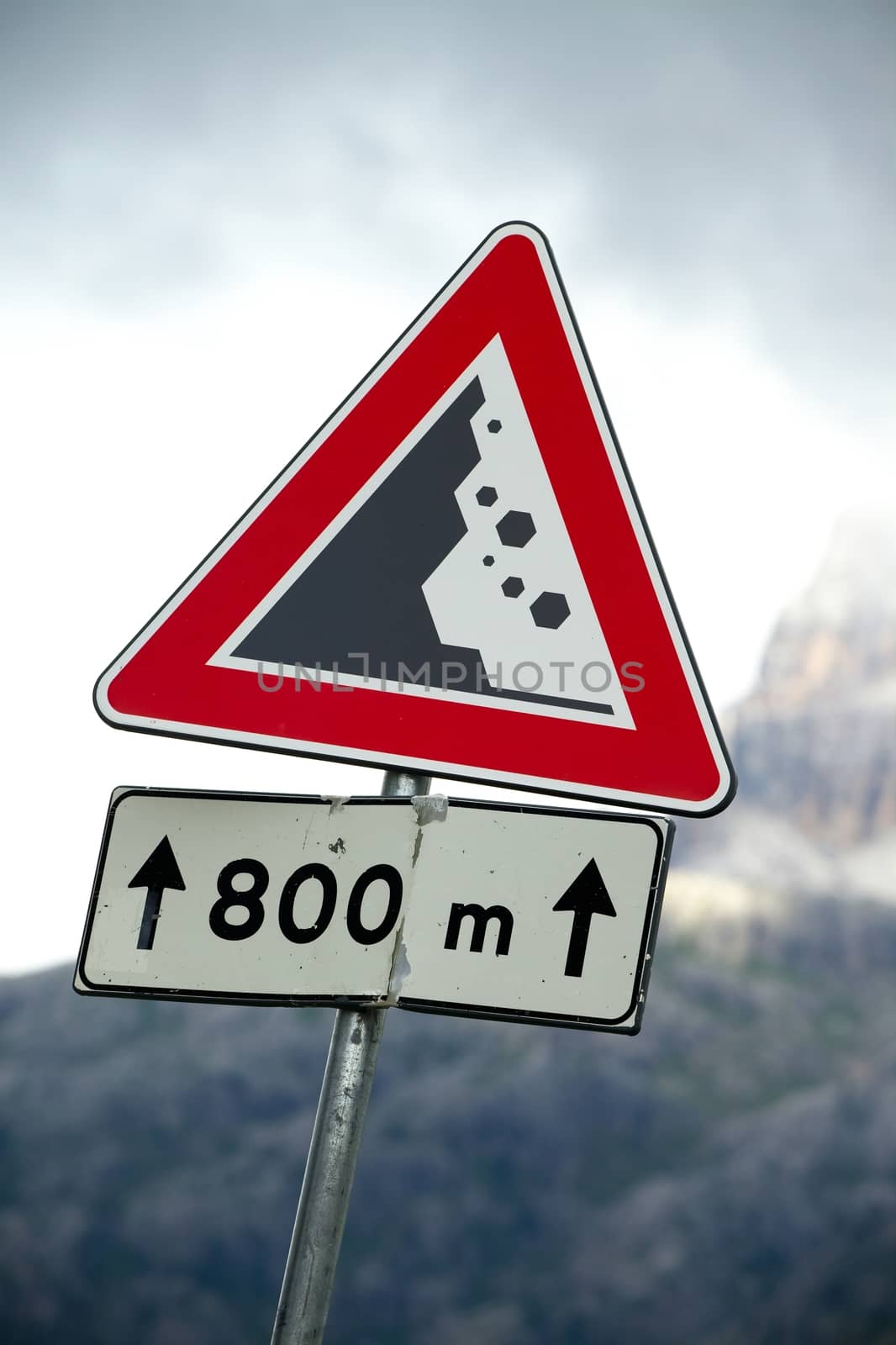 Warning sign of falling rocks on a mountain road
