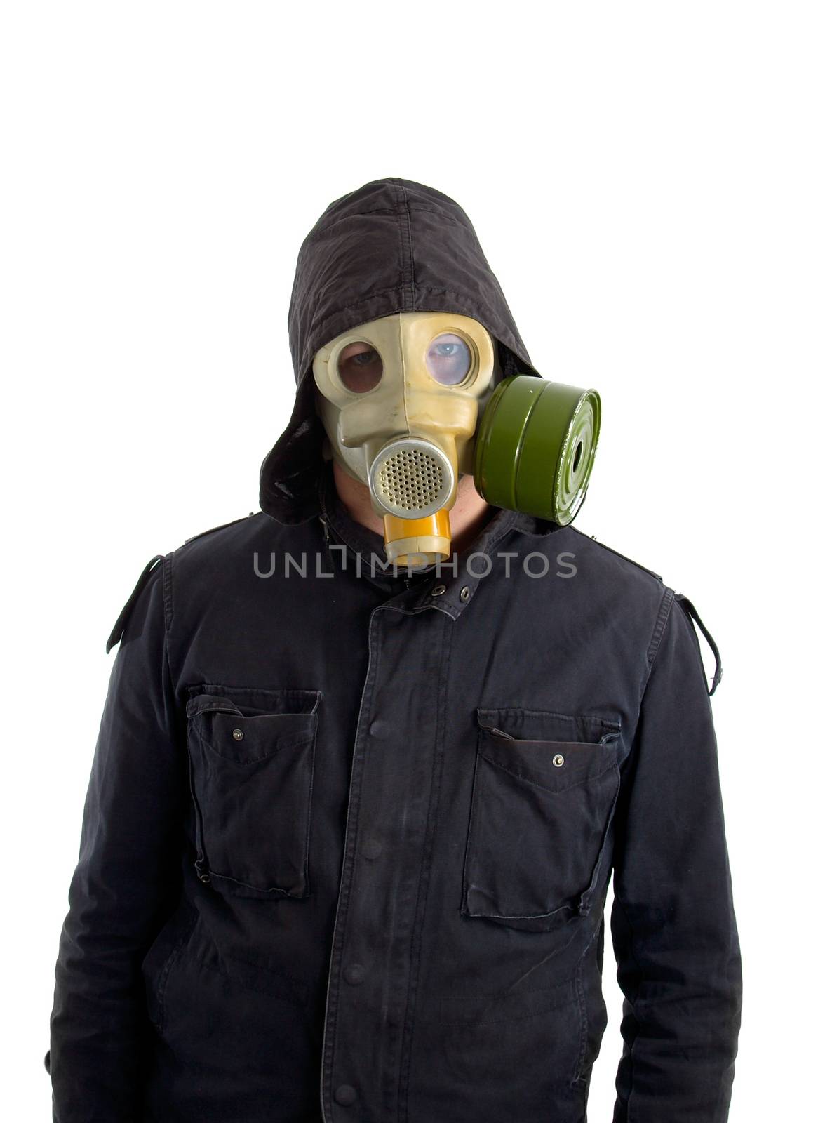 Man in gas mask against white background