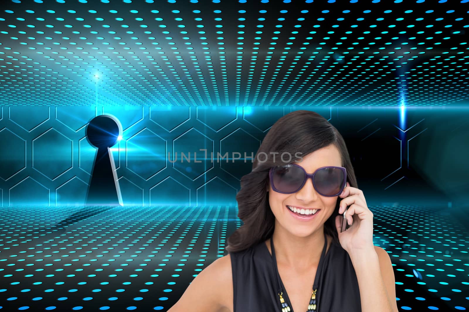 Composite image of happy attractive brunette phoning