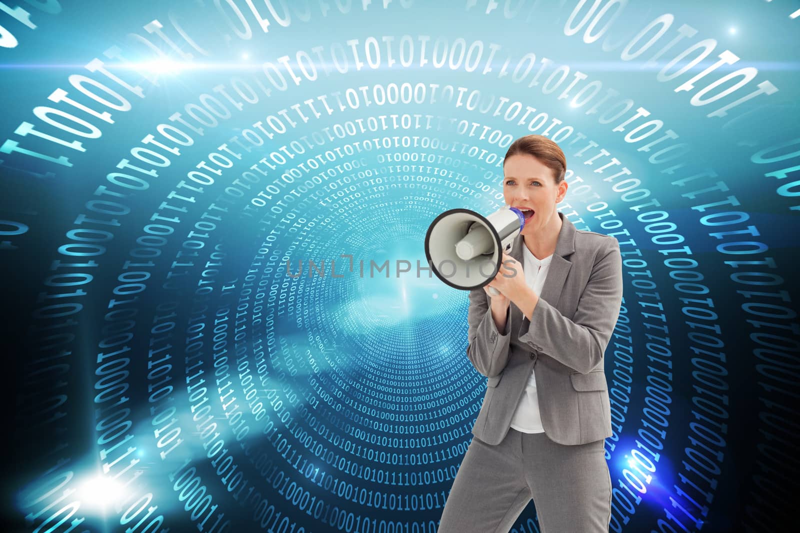 Composite image of businesswoman is talking  on a megaphone