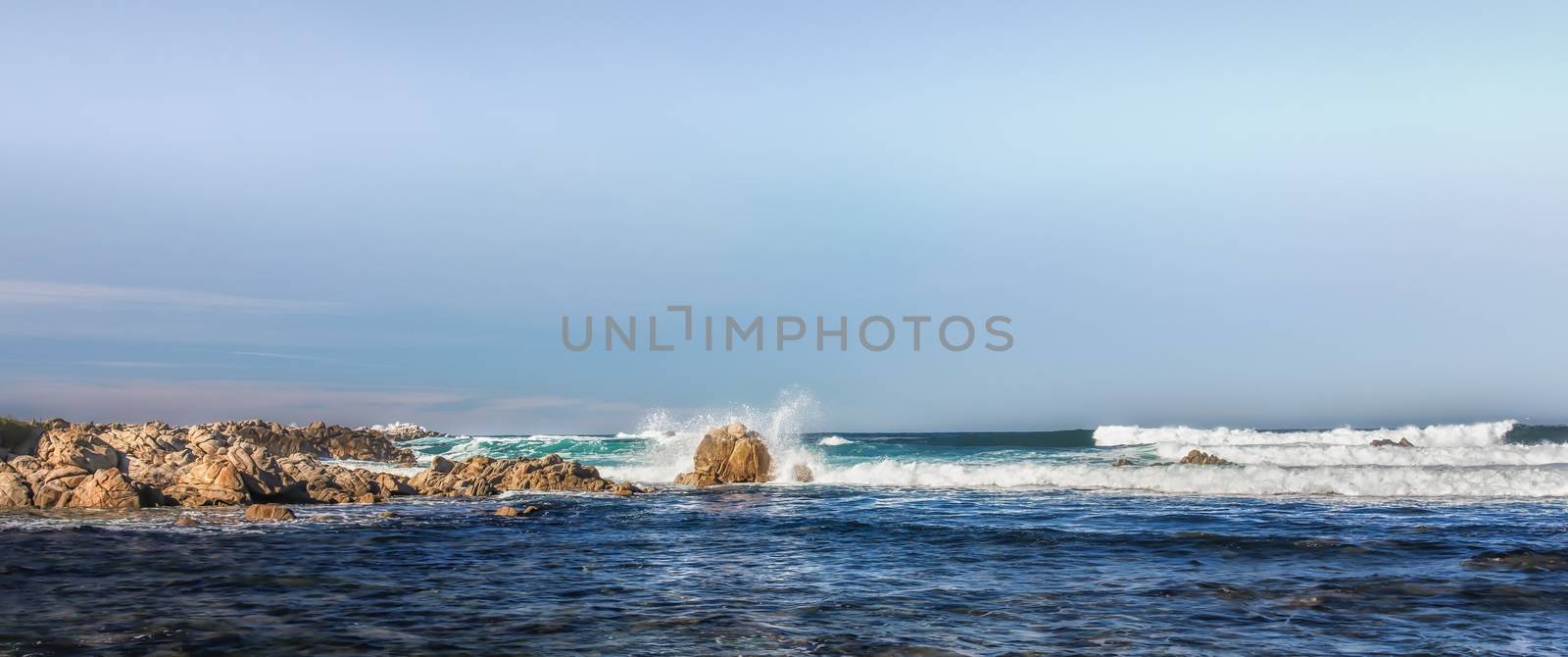 Panorama of Pacific Ocean Waves Hitting Rocks in Pacific Grove, Marine Gardens Park