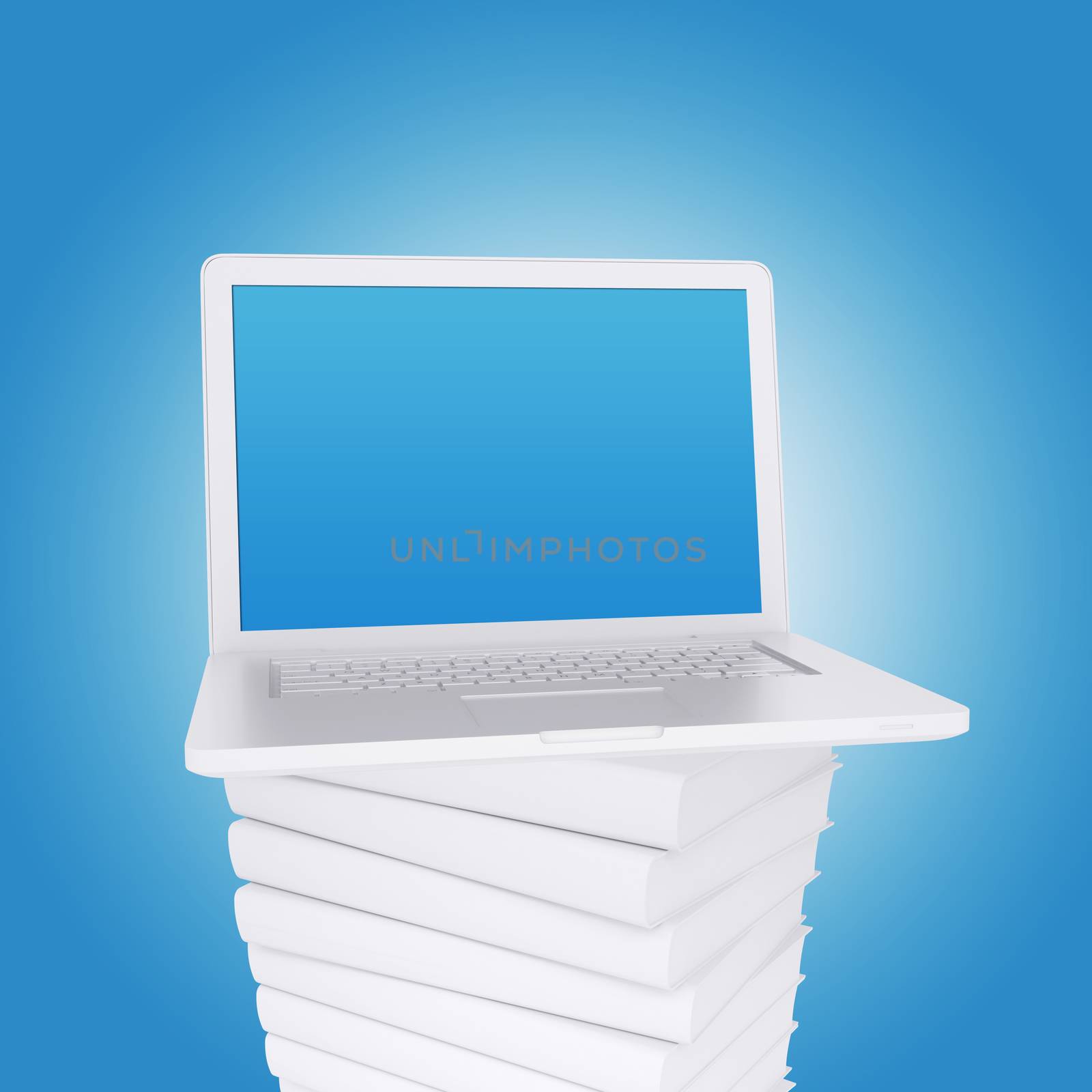 Laptop on a pile of white books. Blue background. Laptop screen is empty