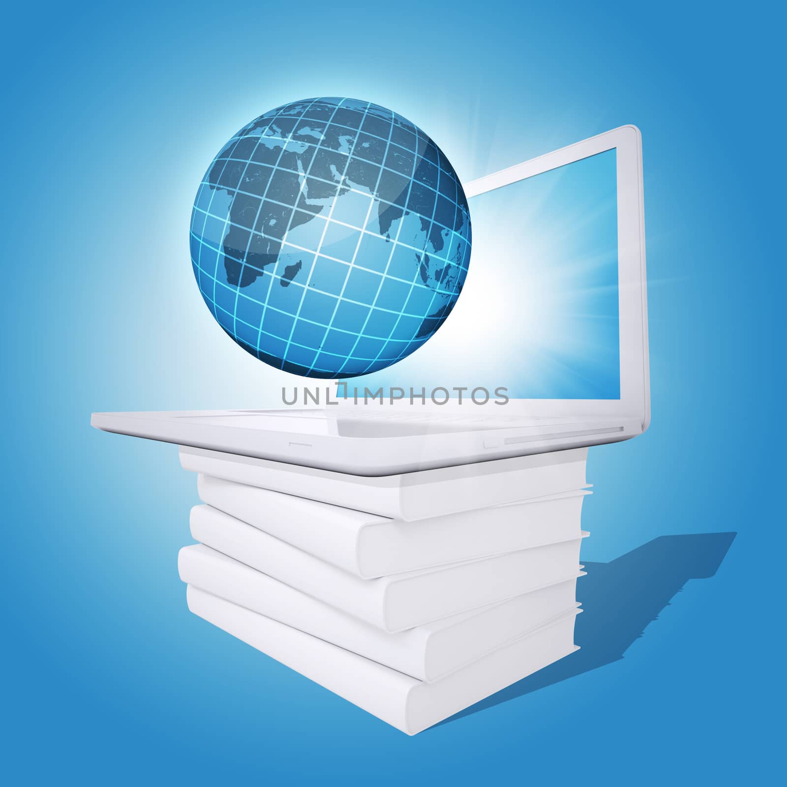 Laptop and globe on white stack of books by cherezoff