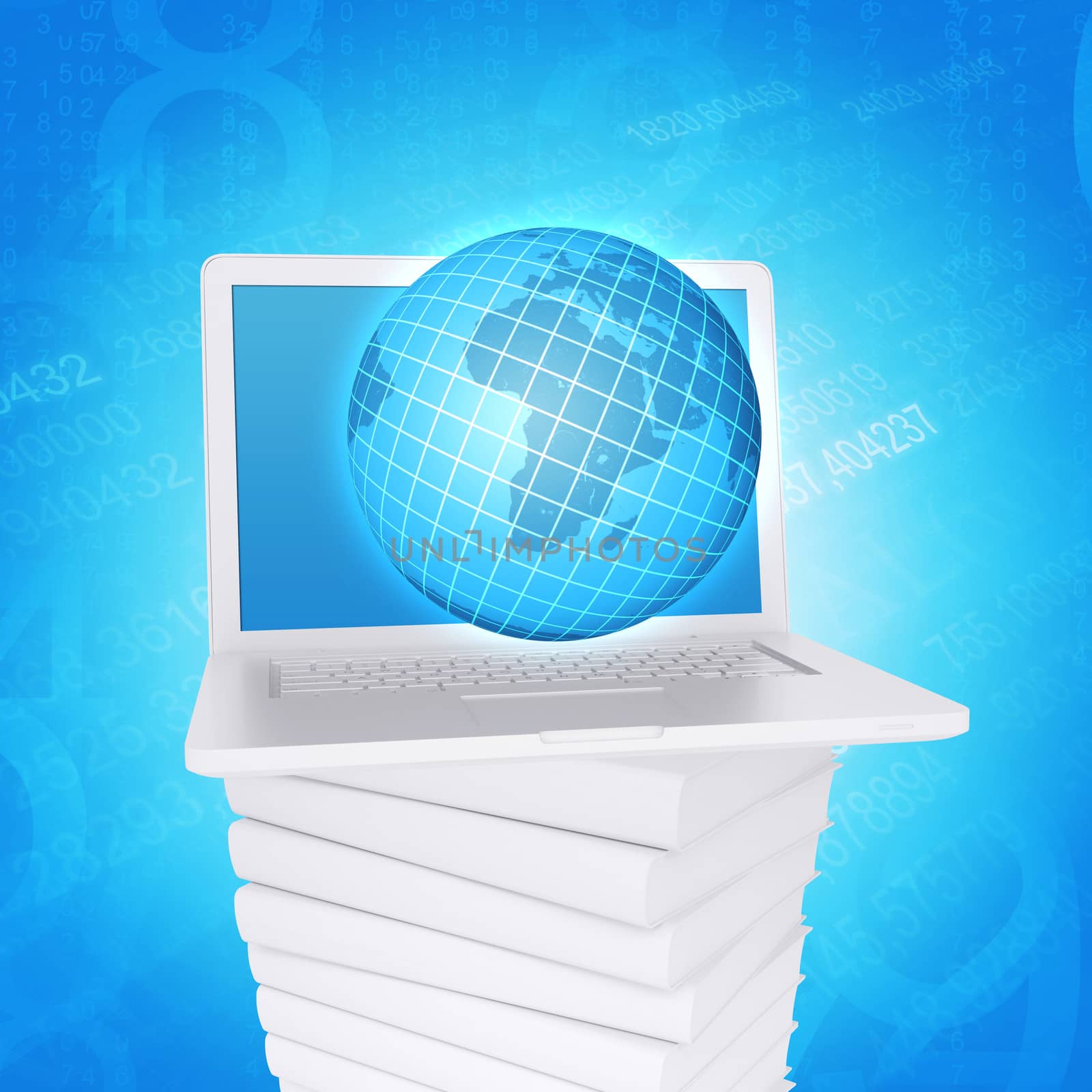 Laptop and globe on white stack of books. blue background