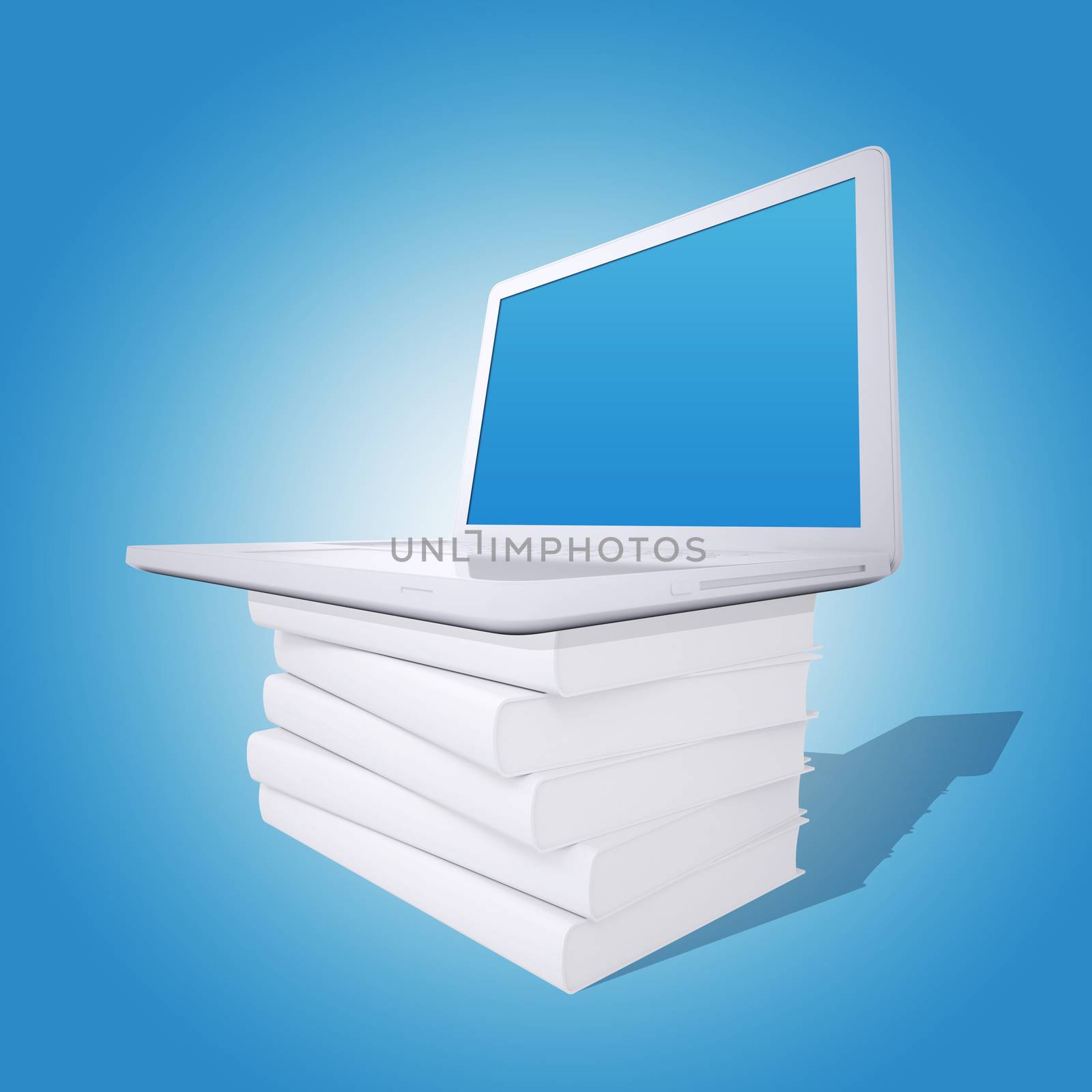 Laptop on a pile of white books. Blue background. Laptop screen is empty