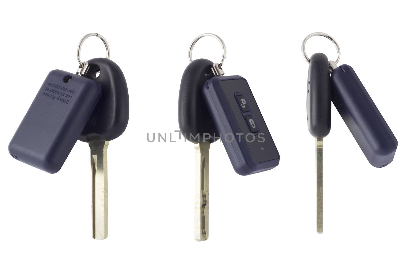 Photo car key and alarm fob. Three photos from different angles