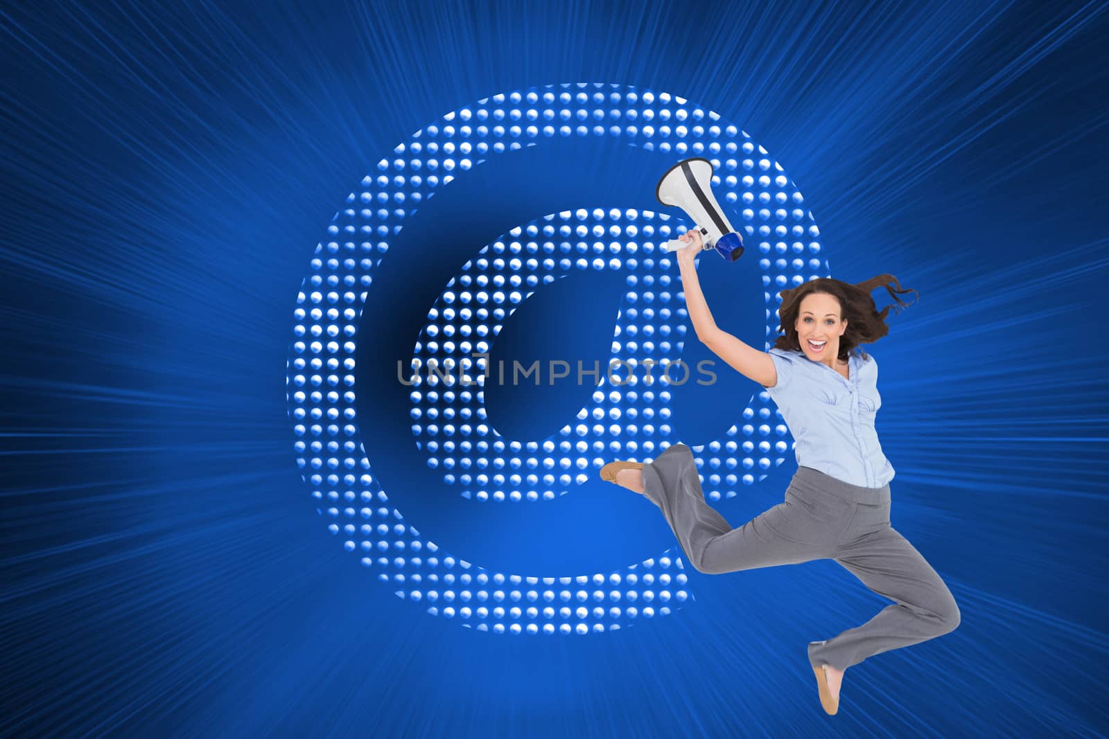 Composite image of cheerful classy businesswoman jumping while holding megaphone by Wavebreakmedia