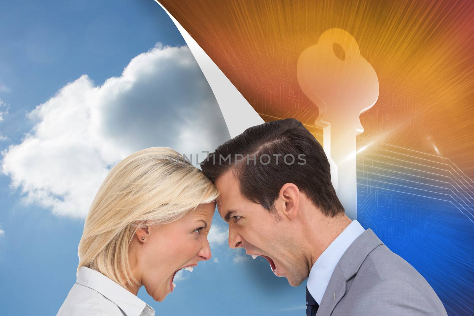 Composite image of colleagues quarreling head against head by Wavebreakmedia