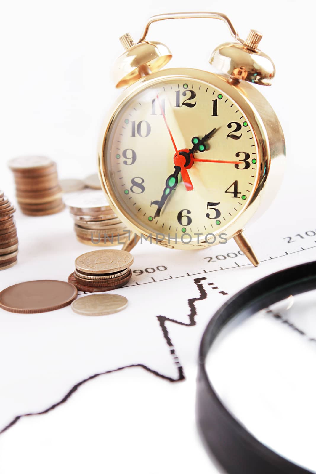 Magnifying glass, alarm clock with pile of coins on growth graphics 