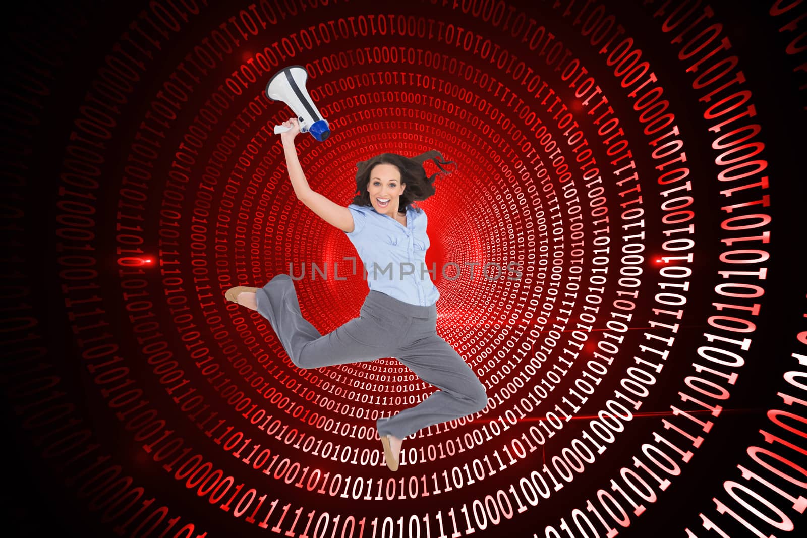 Composite image of cheerful classy businesswoman jumping while holding megaphone by Wavebreakmedia
