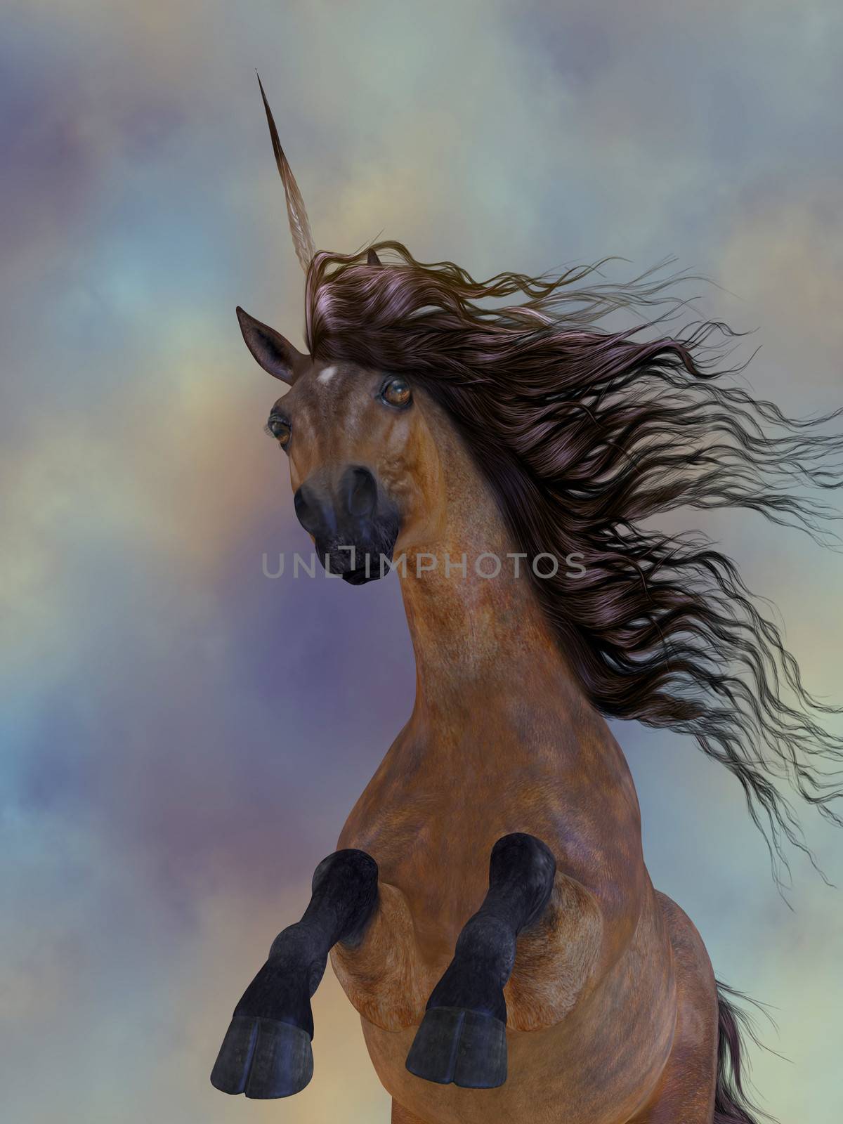 A beautiful chestnut unicorn prances with its wild mane flowing and muscles shining.