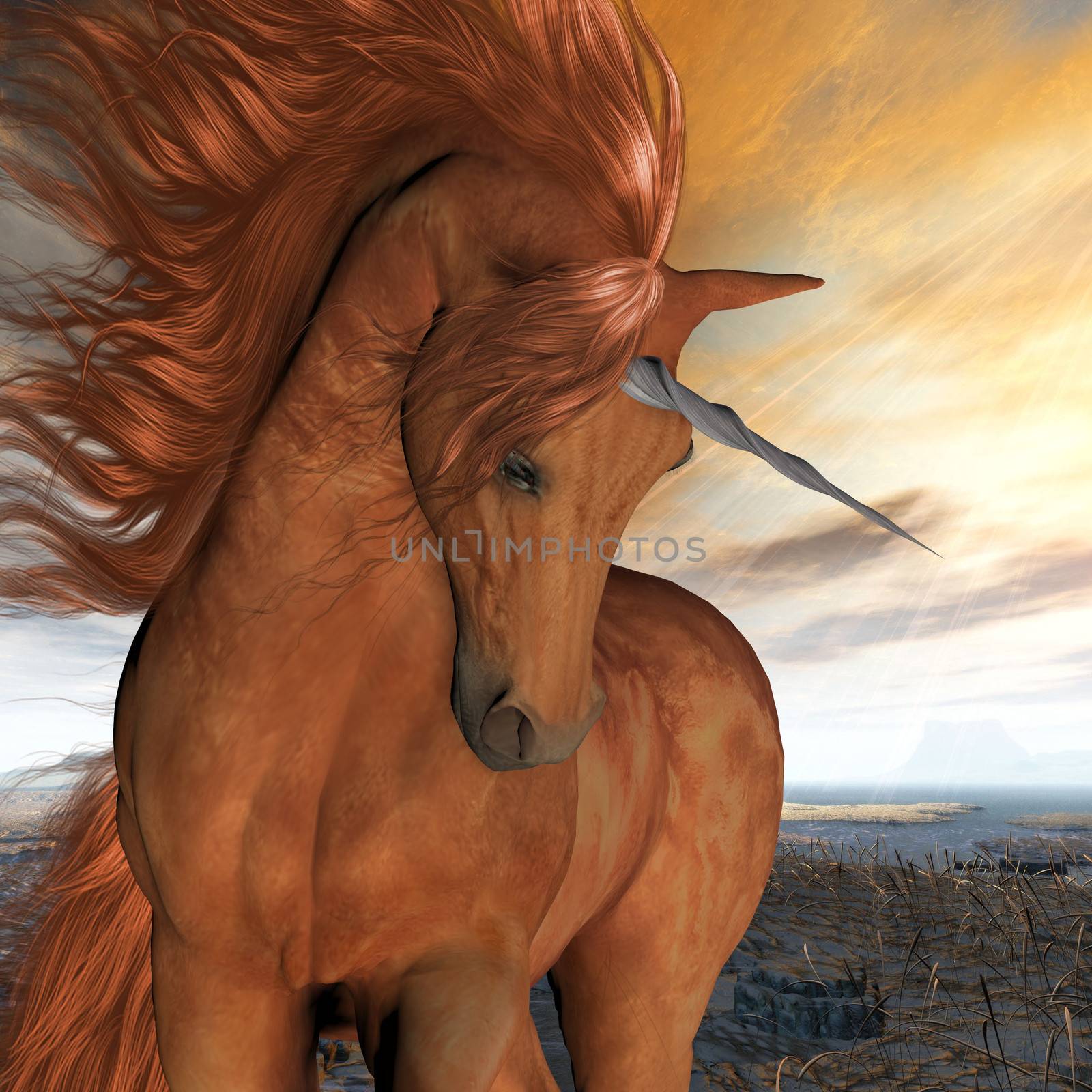 A beautiful chestnut unicorn prances with its wild mane flowing and muscles shining.