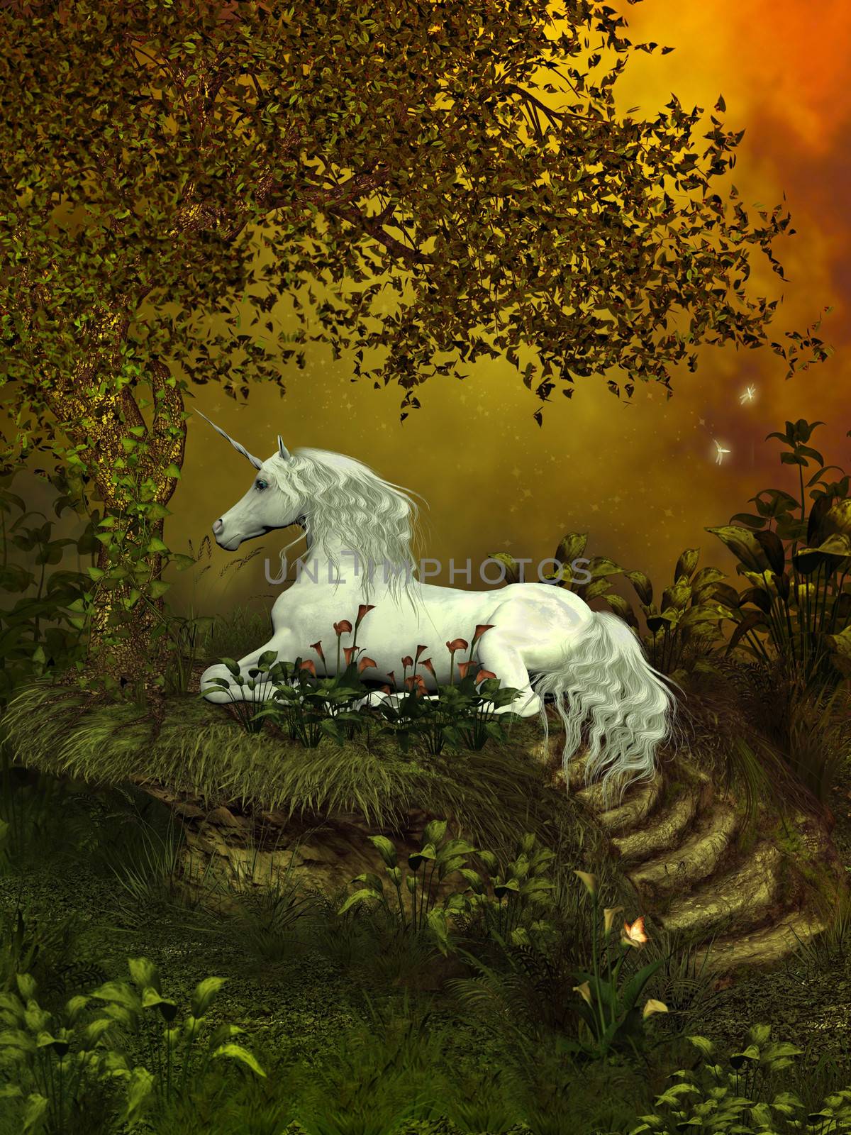 A beautiful white unicorn lays underneath a forest tree to rest among the flowers.