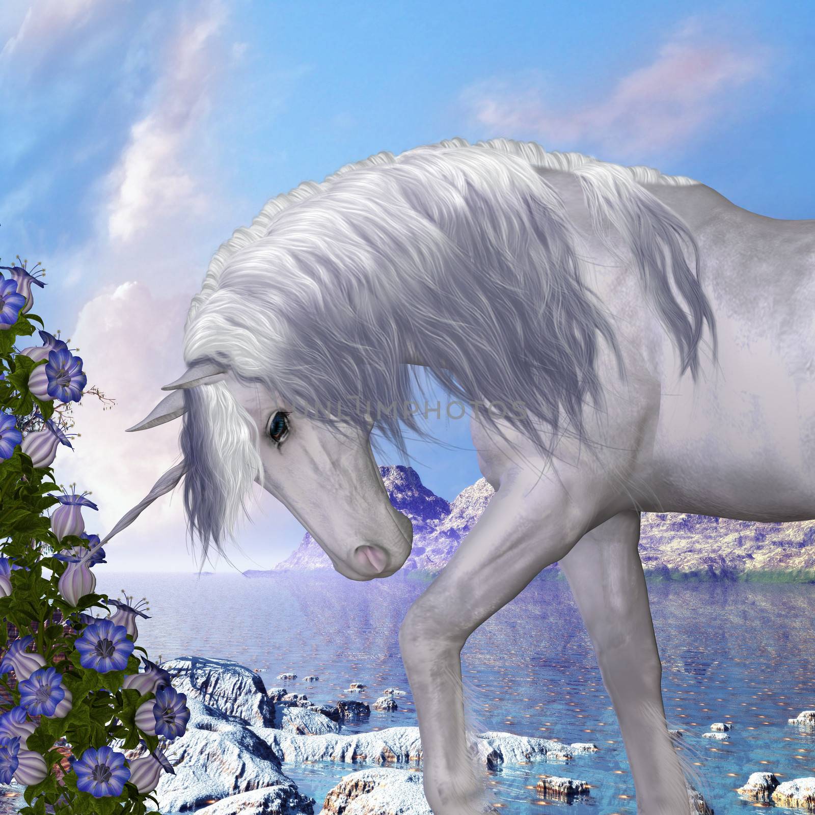 A beautiful white unicorn prances with its wild mane flowing and muscles shining.