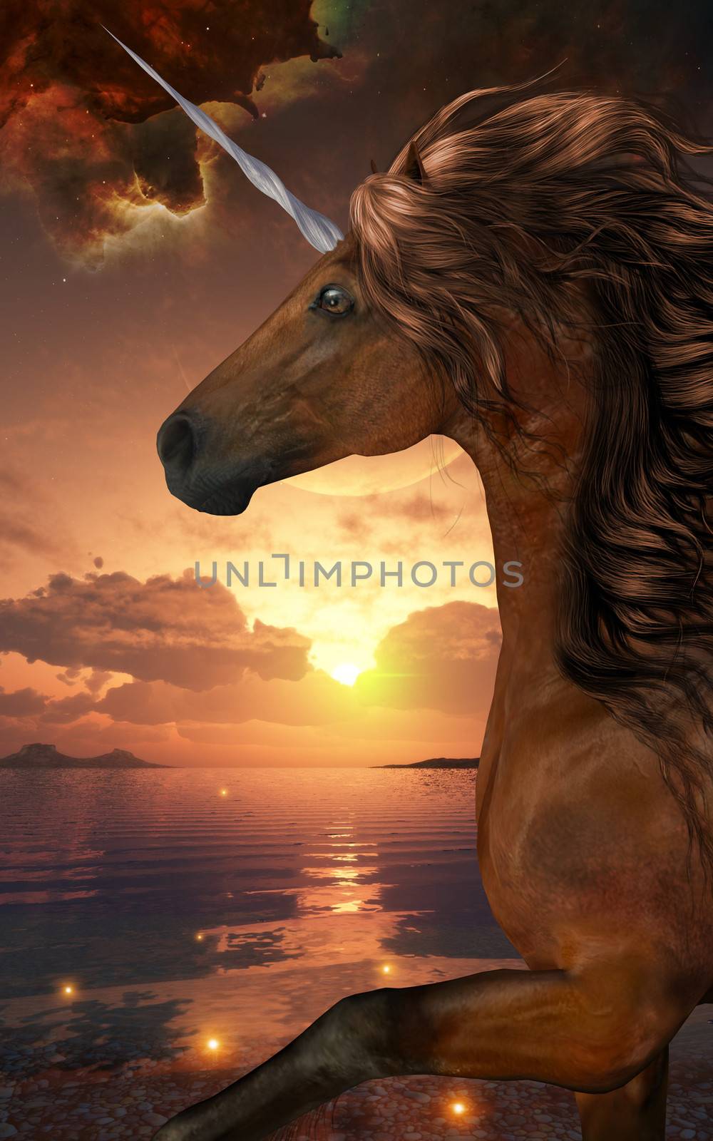 A beautiful chestnut unicorn prances with its wild mane flowing and muscles shining.