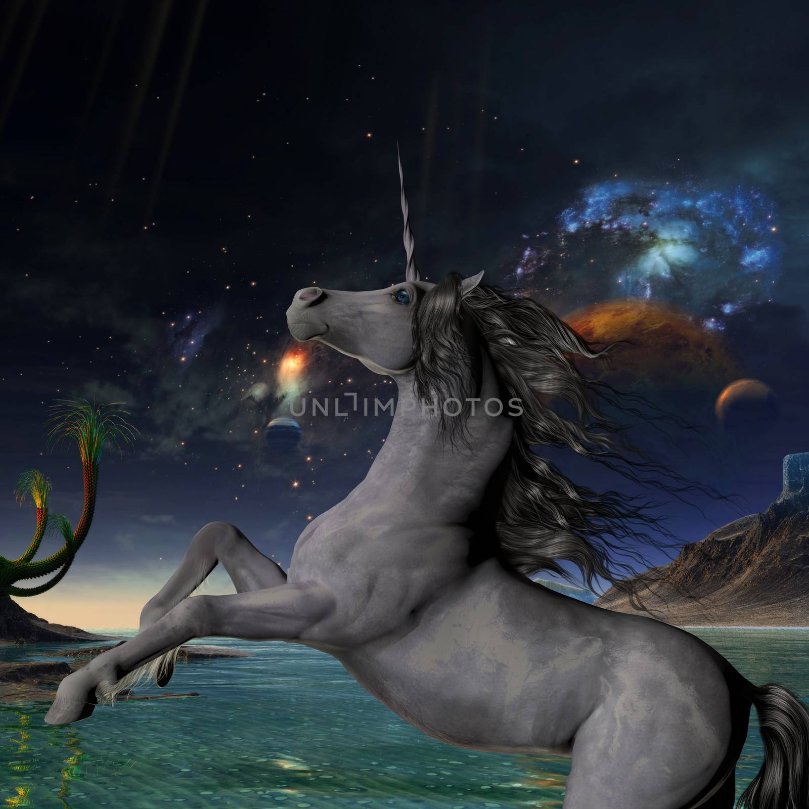 A beautiful silver unicorn prances with its wild mane flowing and muscles shining.