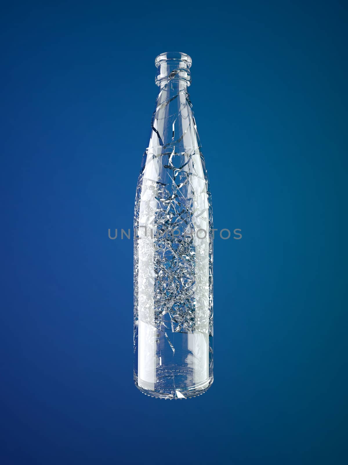 Shattered empty glass bottle on blue background