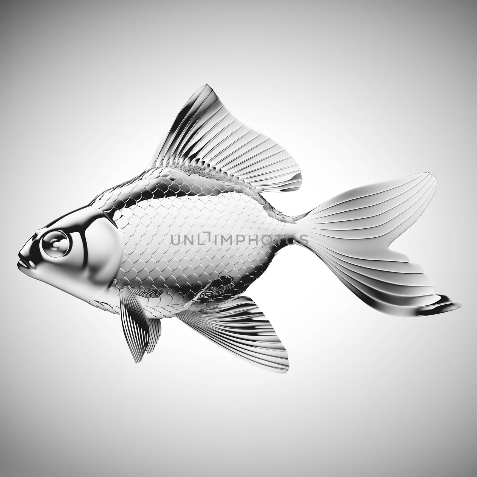 Silver fish with fins and scales over gradient gray background