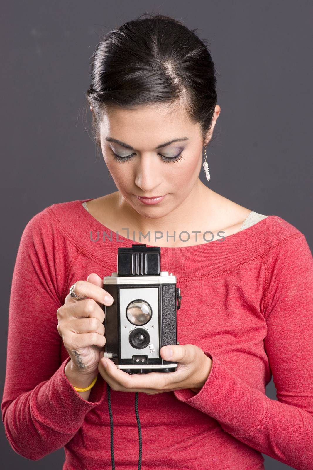 Vintage Photographer Attractive Woman Holding Camera Waist Finder by ChrisBoswell