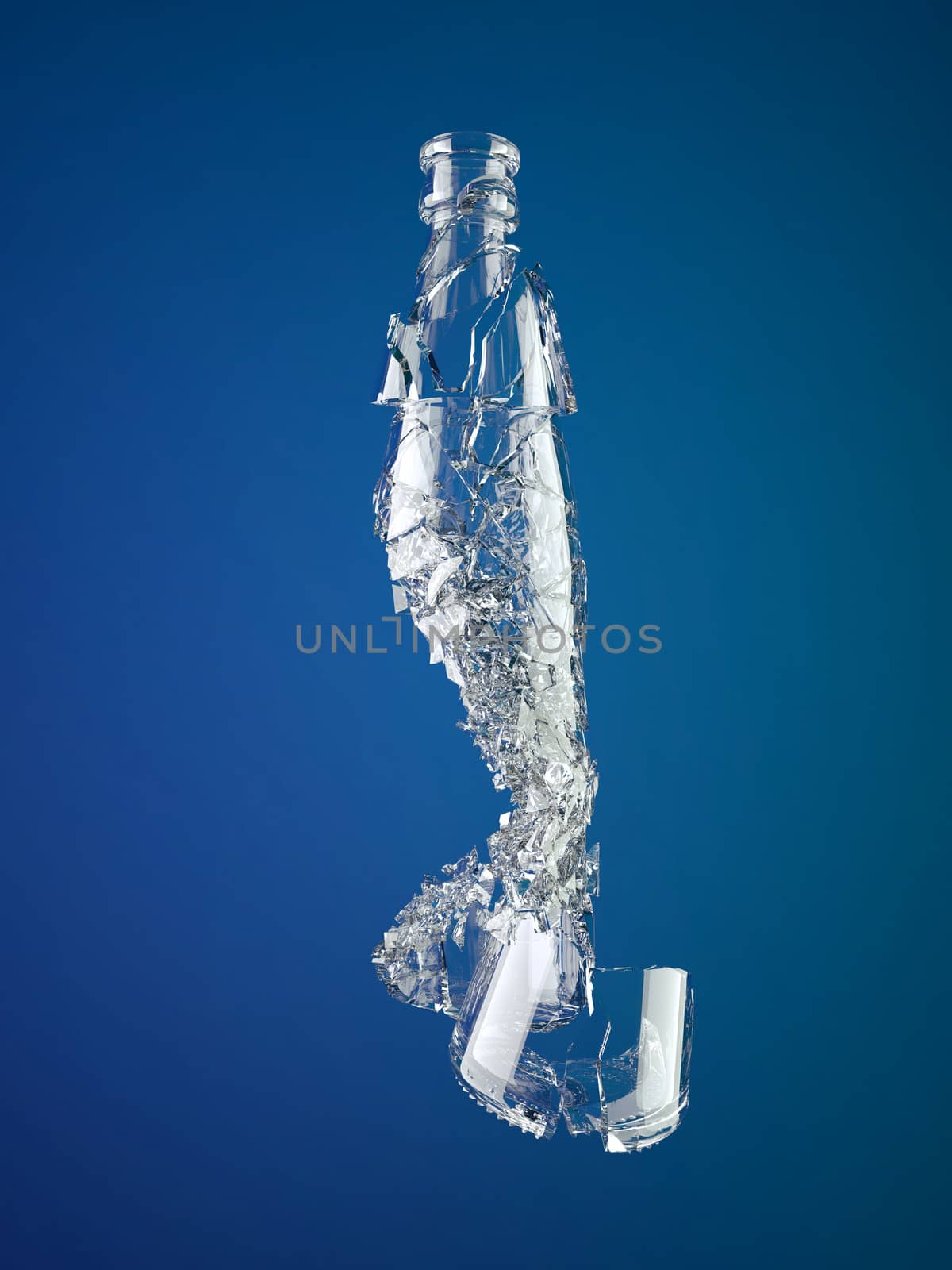 Pieces of shattered empty bottle over blue background