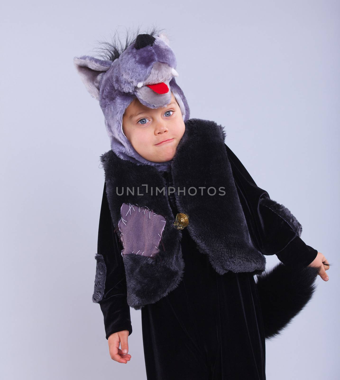 Little boy trying a carnival suit of wolf on the grey background