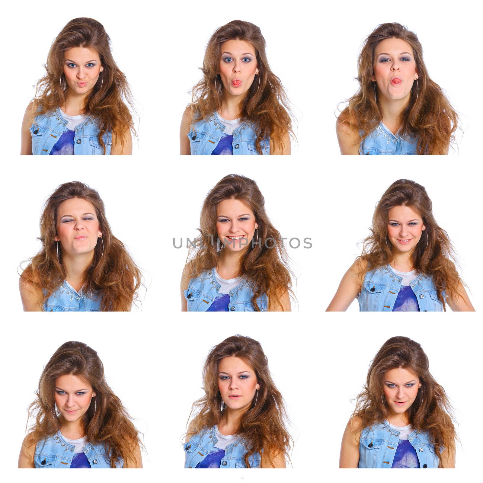 Collage of teenagre girl grimacing. Face portrait against white background