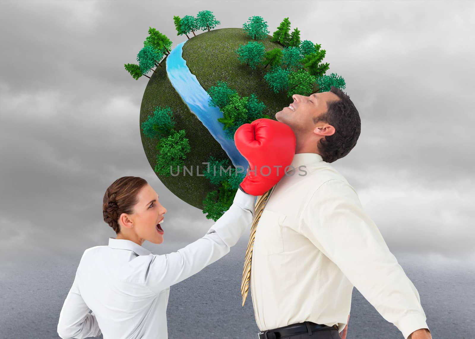 Composite image of businesswoman hitting a businessman with boxing gloves by Wavebreakmedia