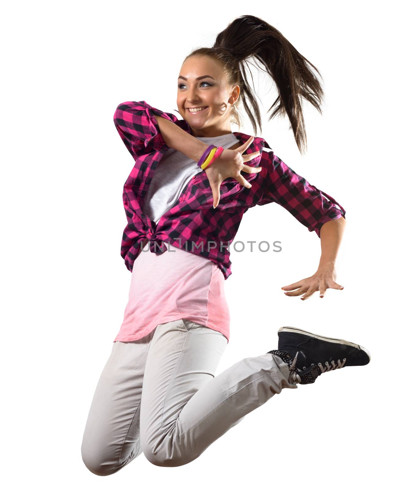 Young woman dancer jumping isolated on white